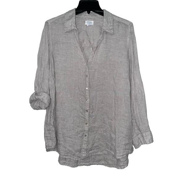 Sigrid Olsen plus size 1X Linen Collared Button Up Roll Tab Sleeve Popover Top - Picture 1 of 10